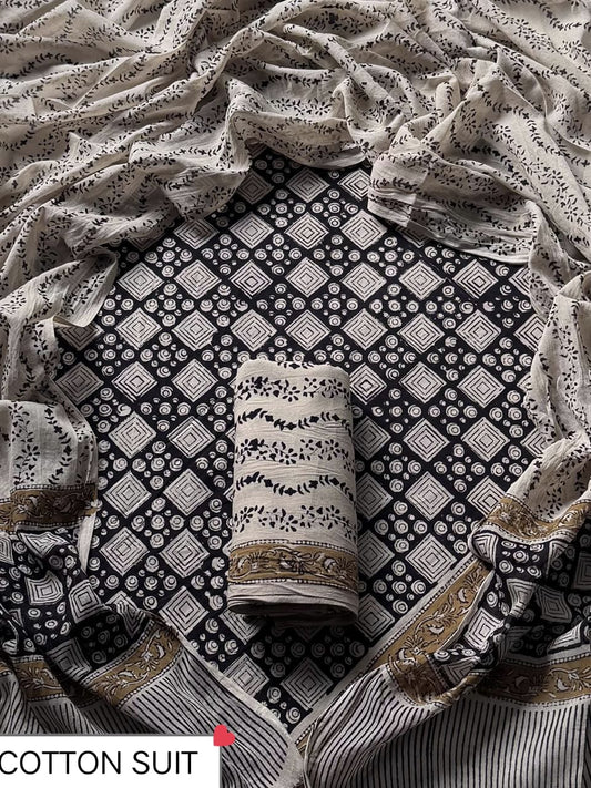 Traditional Hand printed Beige cotton suit with cotton Dupatta