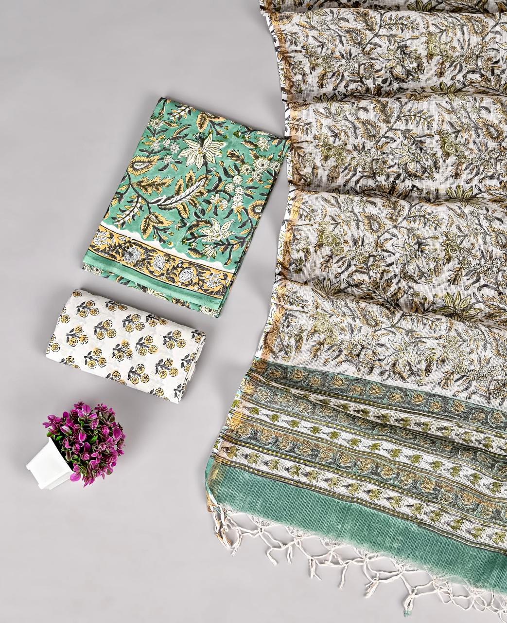 Designer Handblock printed cotton suit with kota doriya dupatta