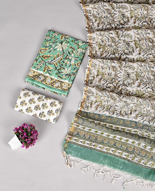 Designer Handblock printed cotton suit with kota doriya dupatta