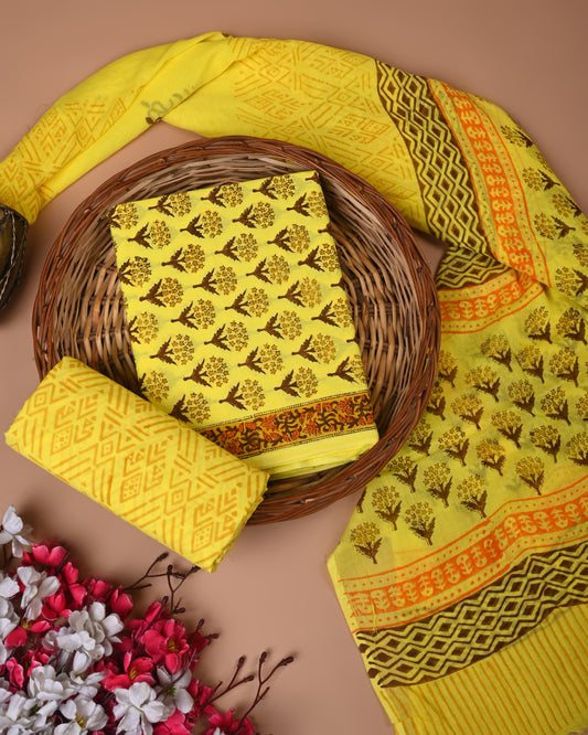 Traditional Hand printed cotton suit with cotton Dupatta