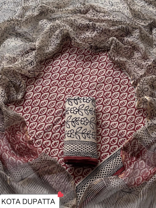 Designer Handblock printed cotton suit with kota doriya dupatta