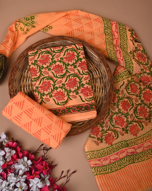 Traditional Hand printed cotton suit with malmal dupatta