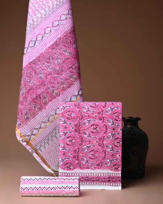 Designer Handblock printed cotton suit with kota doriya dupatta