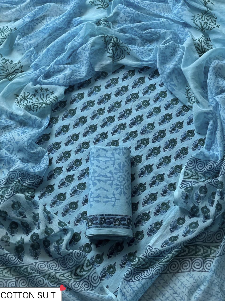 Traditional Hand printed cotton suit with cotton Dupatta