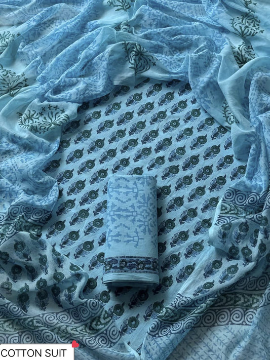 Traditional Hand printed cotton suit with cotton Dupatta