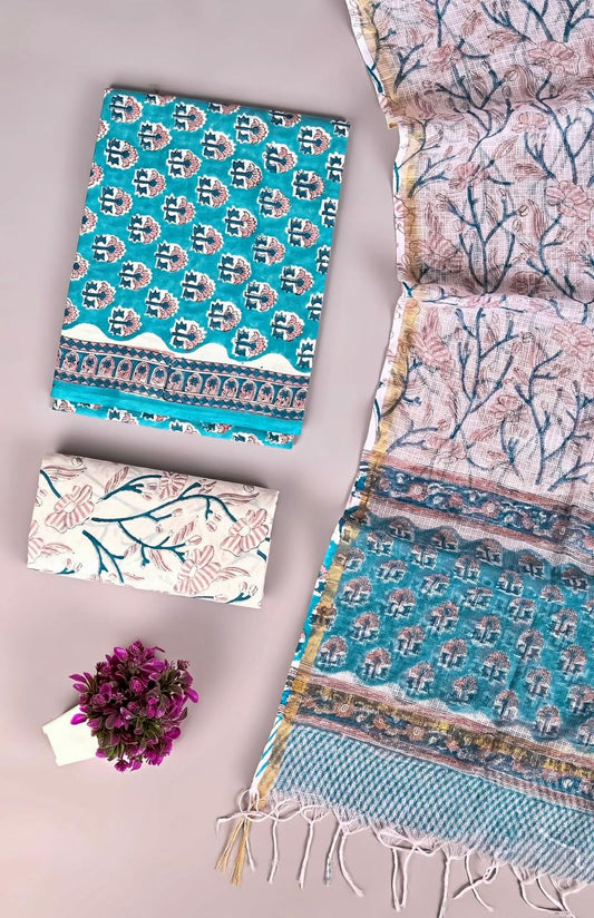 Designer Handblock printed cotton suit with kota doriya dupatta