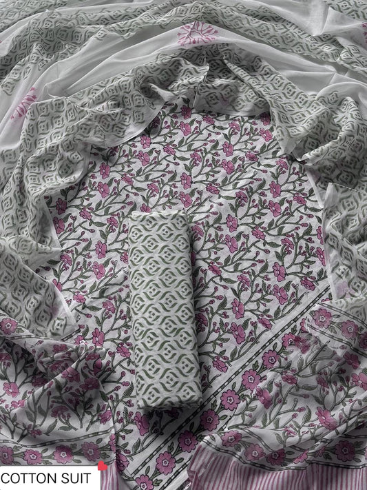 Traditional Hand Printed Cotton Suit With Cotton Dupatta