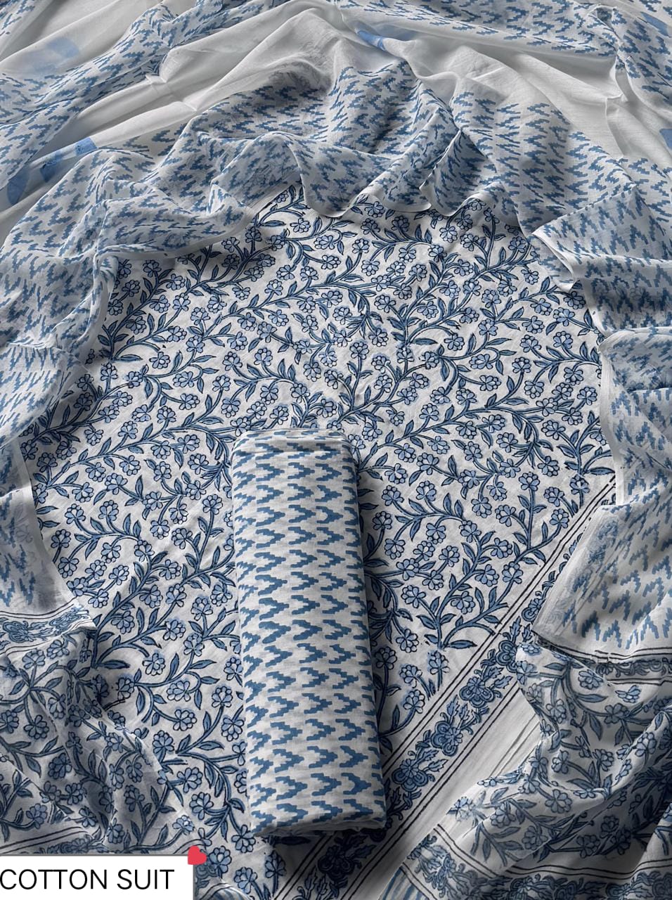 Traditional Hand printed cotton suit with cotton Dupatta