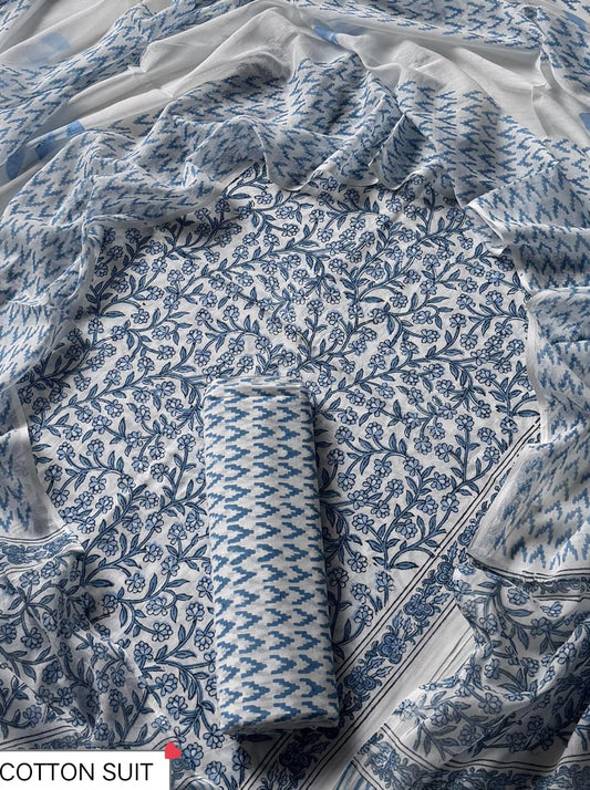 Traditional Hand printed cotton suit with cotton Dupatta