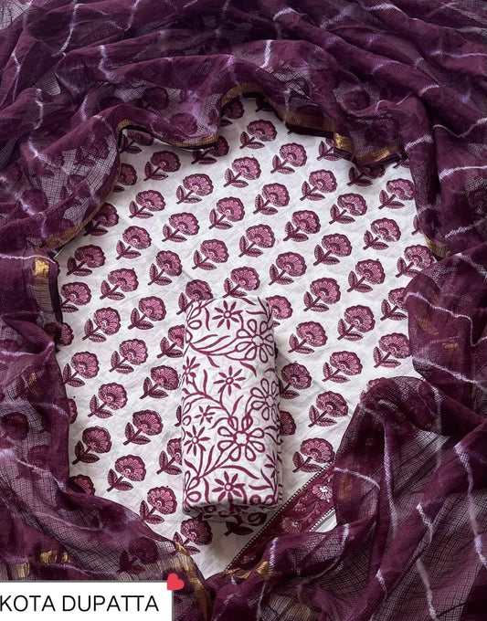 Designer Handblock printed cotton suit with kota doriya dupatta(kota01)