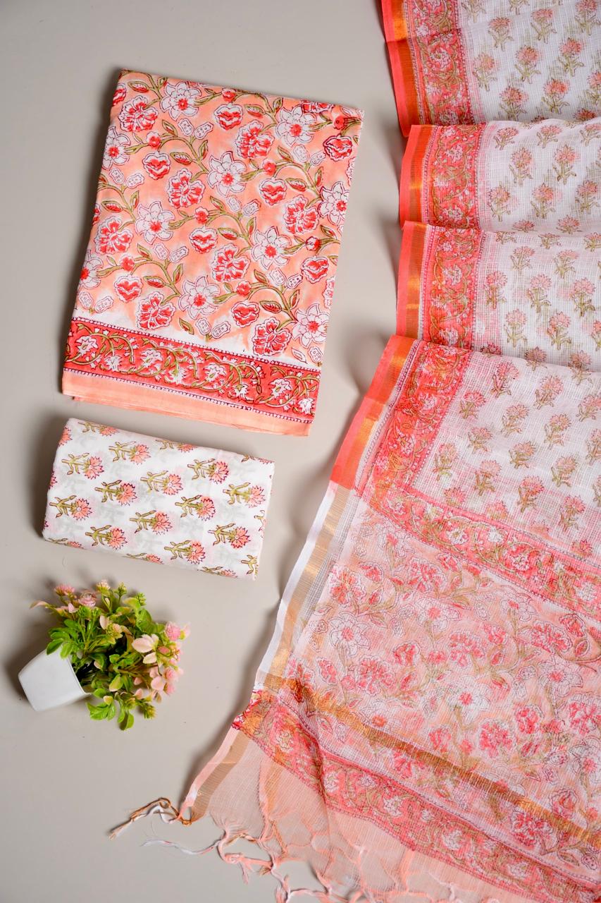 Designer Handblock printed cotton suit with kota doriya dupatta