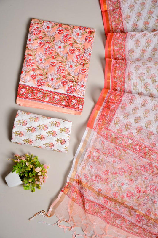 Designer Handblock printed cotton suit with kota doriya dupatta