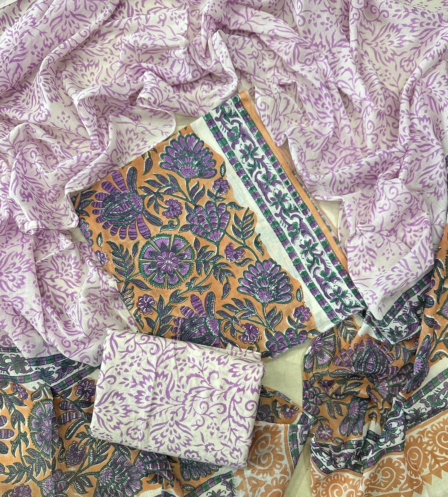 Traditional Hand printed cotton suit with cotton Dupatta