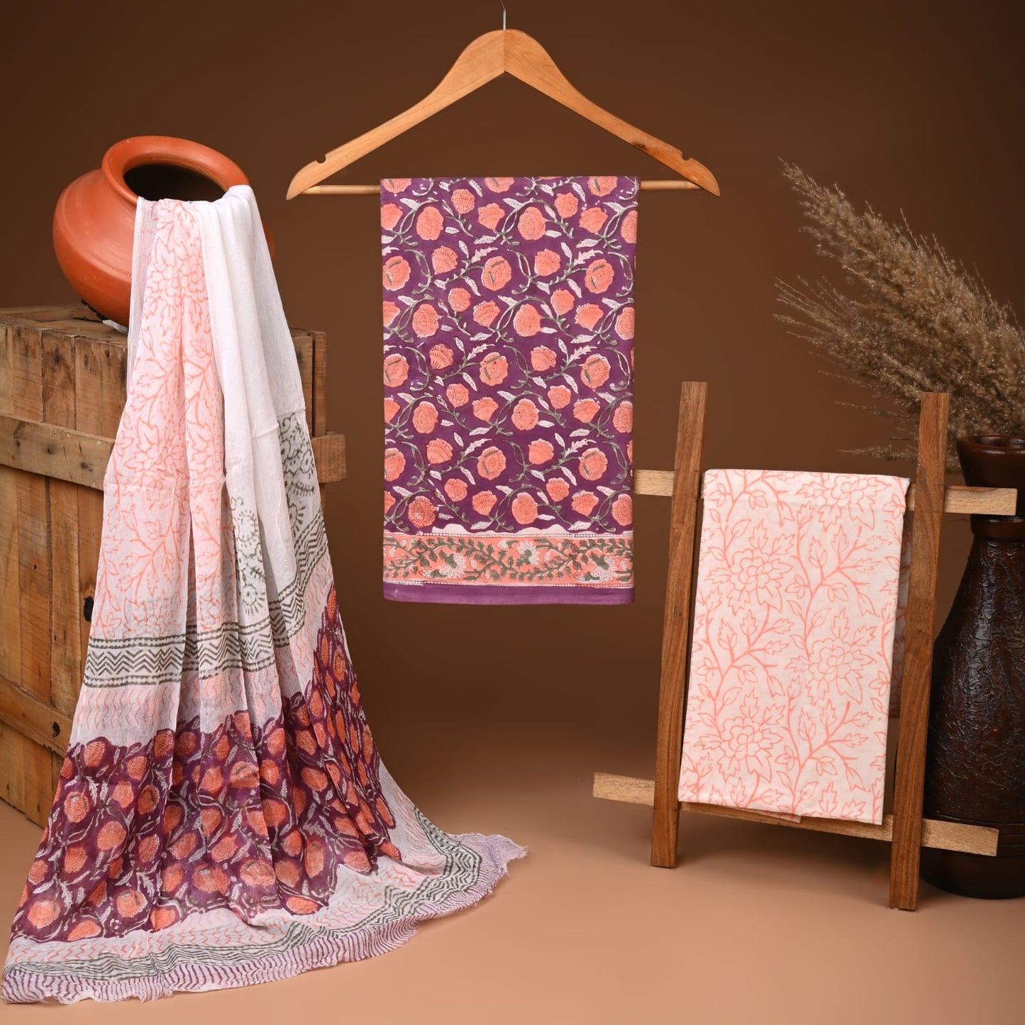 Traditional cotton suit with chiffon dupatta