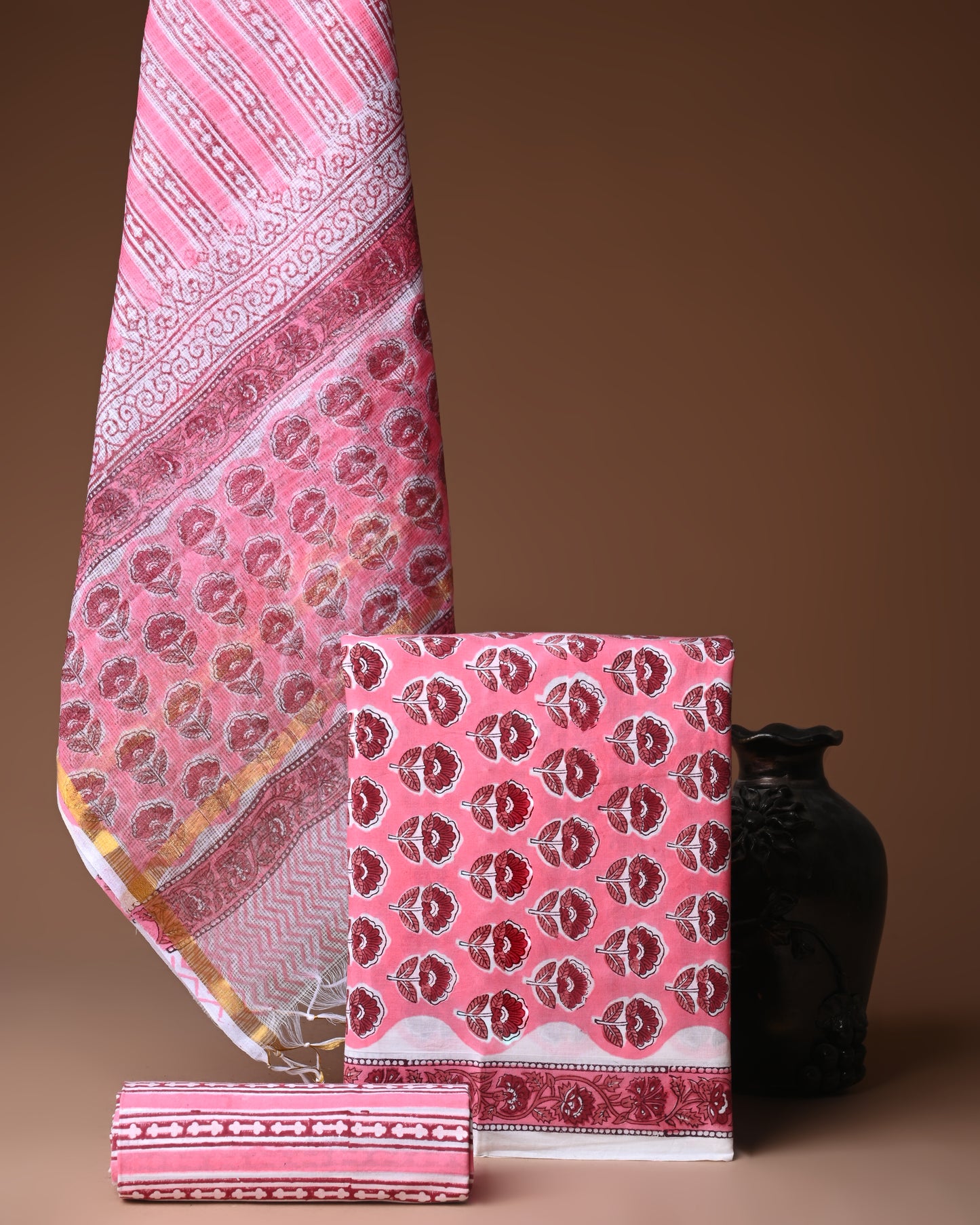 Designer Handblock printed cotton suit with kota doriya dupatta