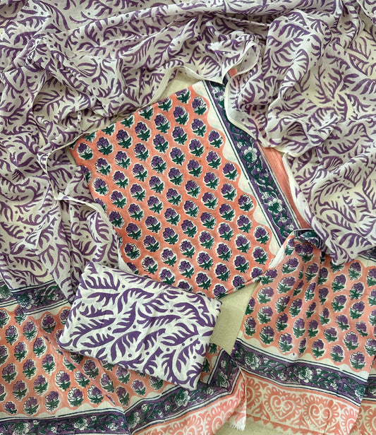 Traditional Hand Printed Cotton Suit With Cotton Dupatta