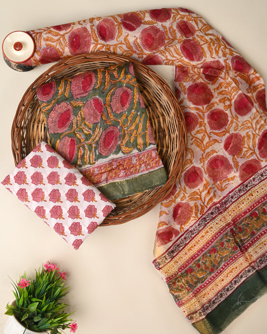 Hand block rapid printed  Maheswari silk suit