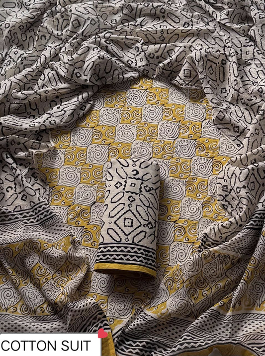 Traditional Hand printed cotton suit with cotton Dupatta