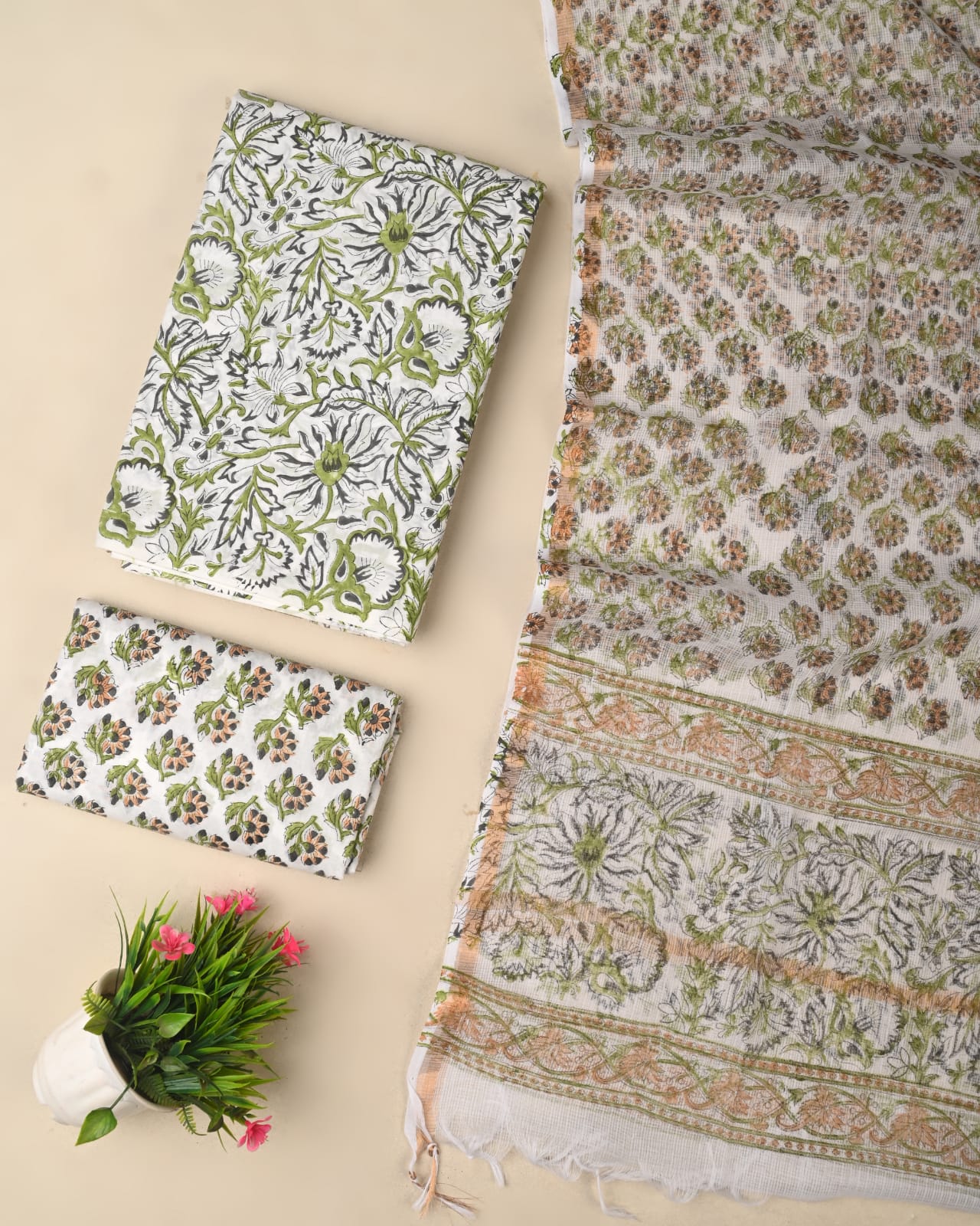Designer Handblock printed cotton suit with kota doriya dupatta