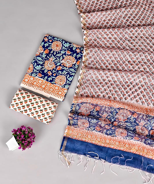 Designer Handblock printed cotton suit with kota doriya dupatta