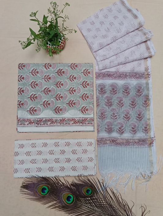 Designer Handblock printed cotton suit with kota doriya dupatta