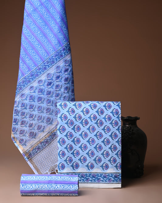 Designer Handblock printed cotton suit with kota doriya dupatta