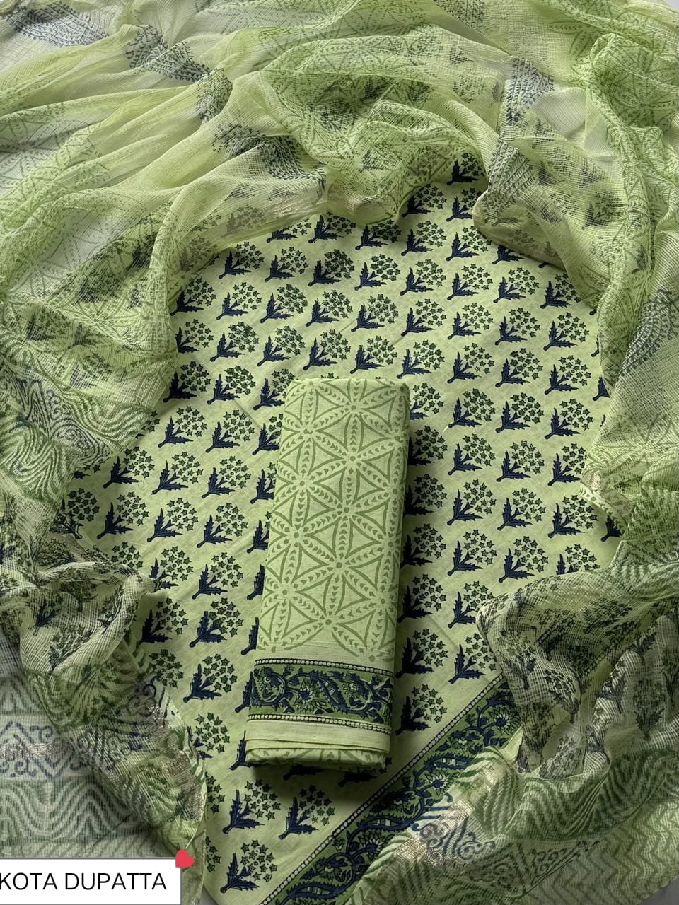 Designer Handblock printed cotton suit with kota doriya dupatta