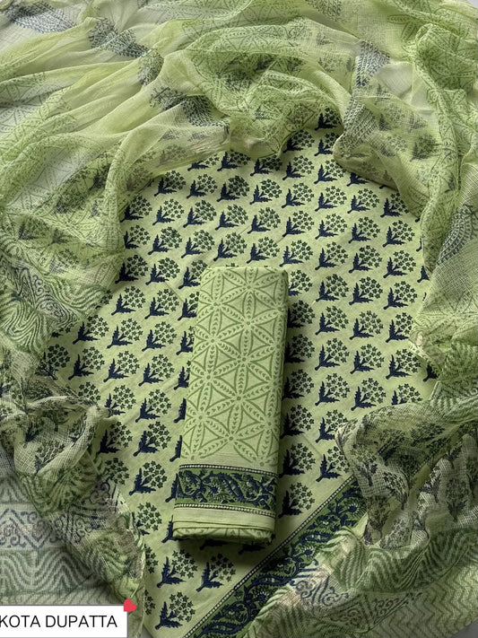 Designer Handblock printed cotton suit with kota doriya dupatta