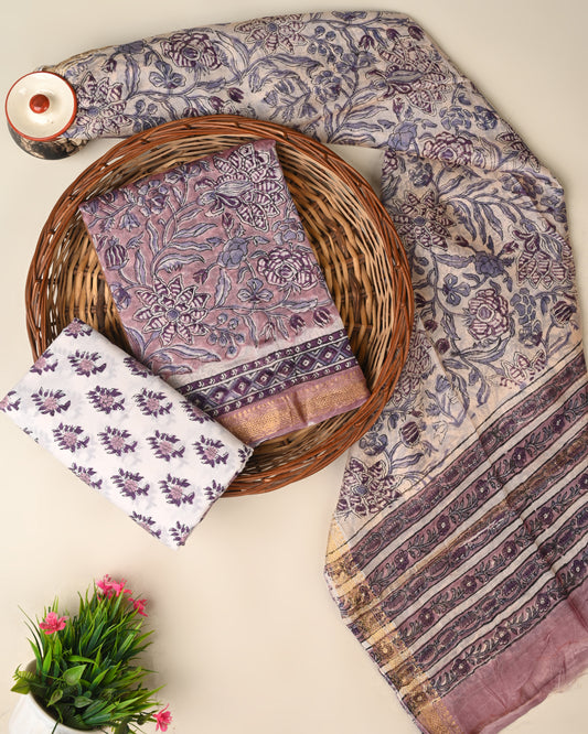 Hand block printed  Maheswari silk suit