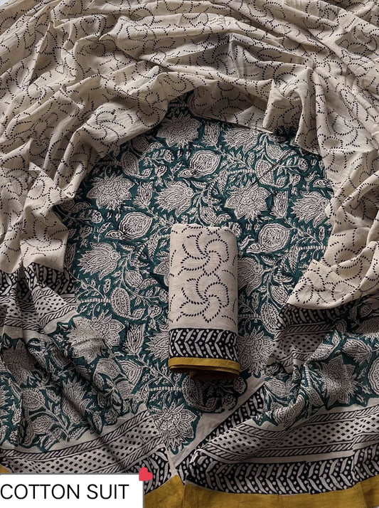 Traditional Hand Printed Cotton Suit With Cotton Dupatta