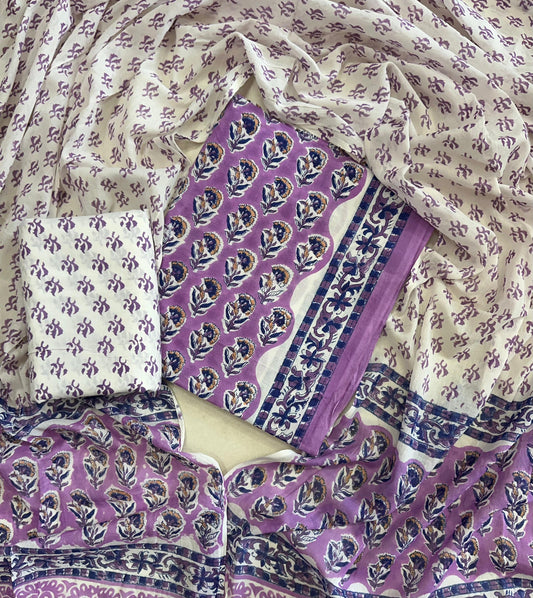 Traditional Hand printed cotton suit with malmal Dupatta