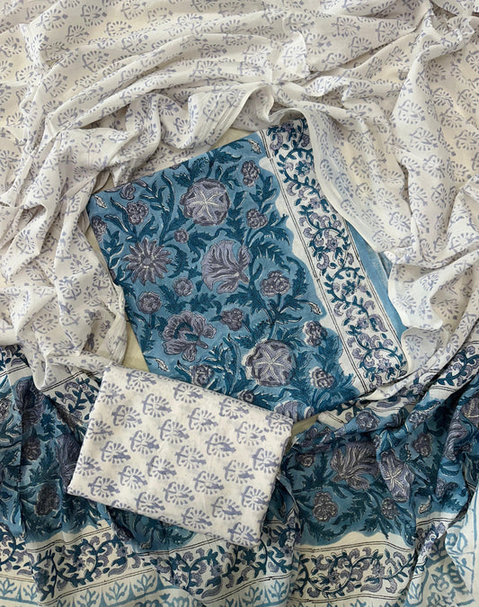 Traditional Hand printed cotton suit with cotton Dupatta