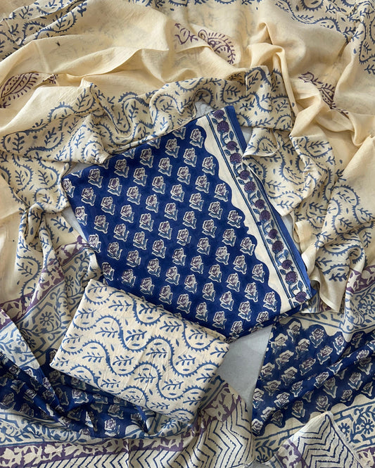 Traditional Hand Printed cotton suit with malmal dupptta