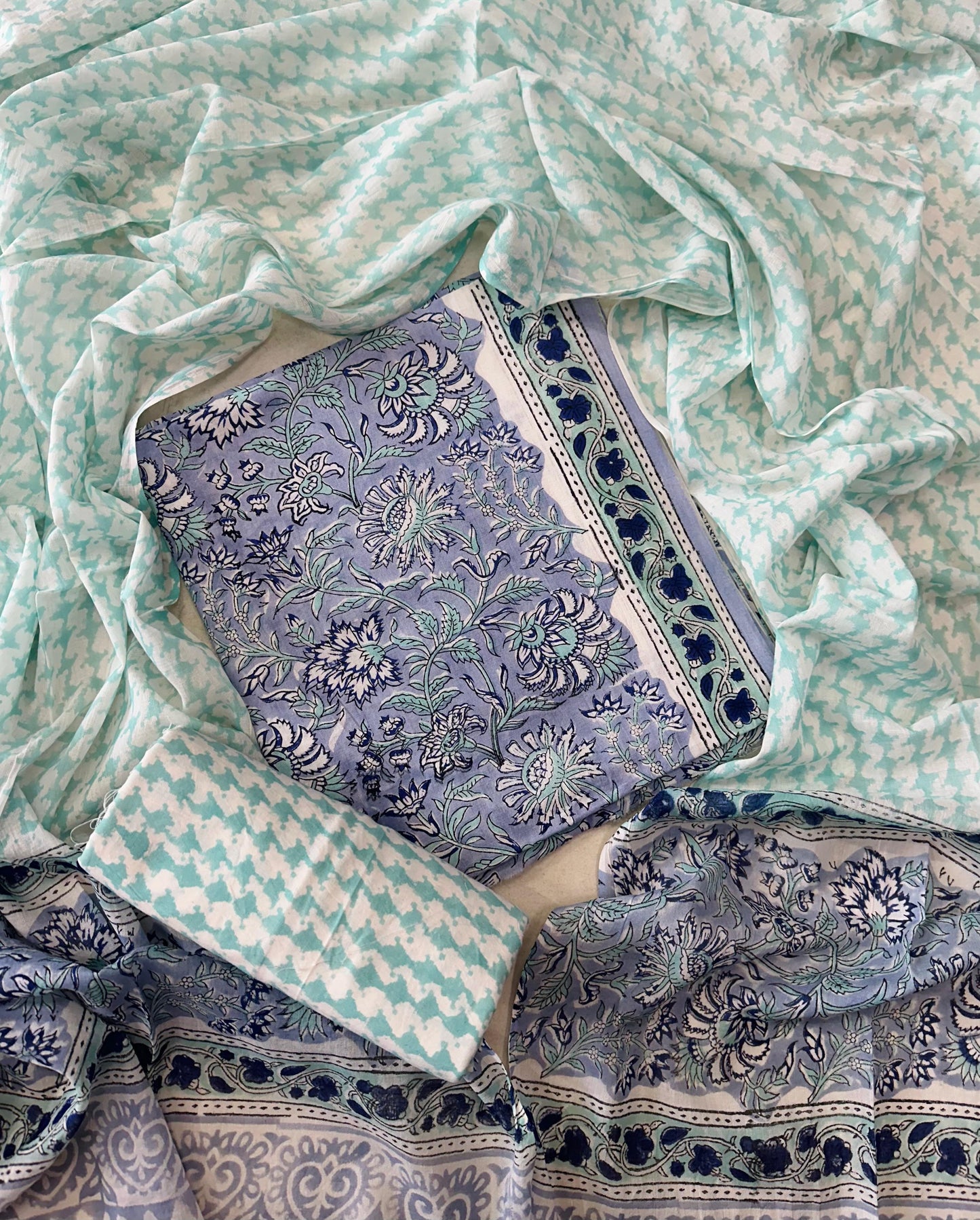 Traditional Hand printed cotton suit with cotton Dupatta