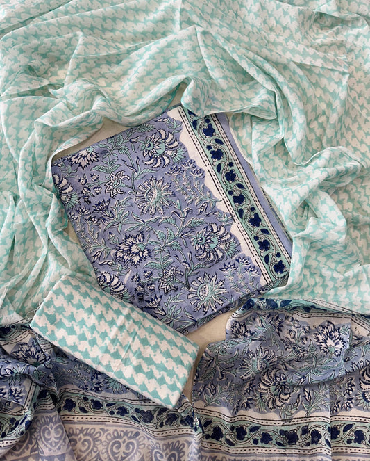 Traditional Hand printed cotton suit with cotton Dupatta