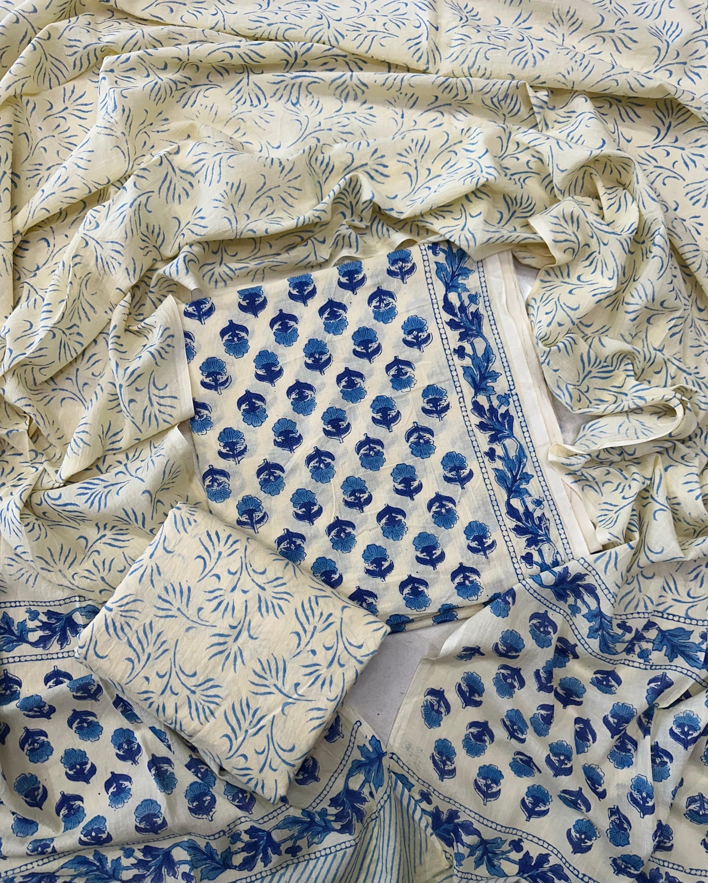 Traditional Hand printed cotton suit with cotton Dupatta