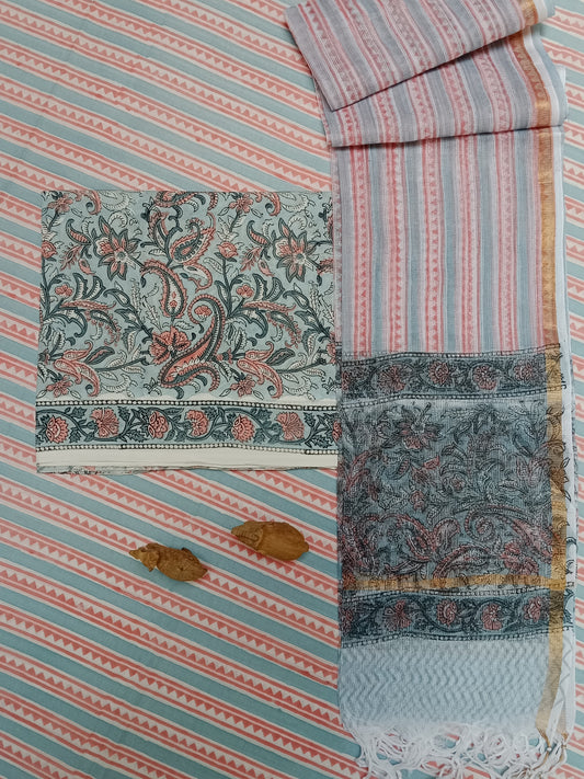 Designer Handblock printed cotton suit with kota doriya dupatta