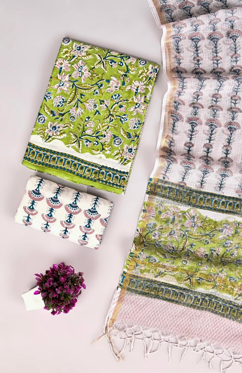 Designer hand block printed cotton suit with kota doriya dupatta