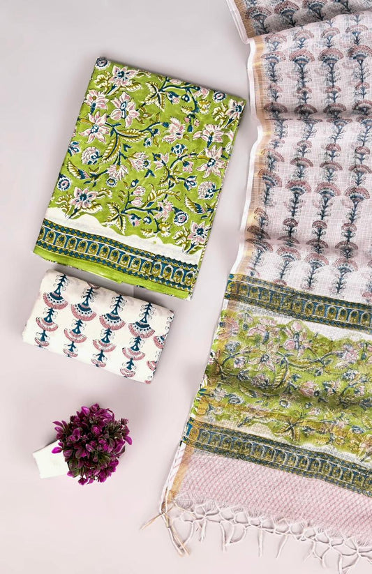 Designer hand block printed cotton suit with kota doriya dupatta