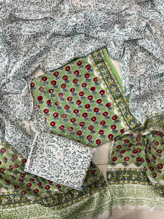 Traditional Hand printed cotton suit with cotton Dupatta