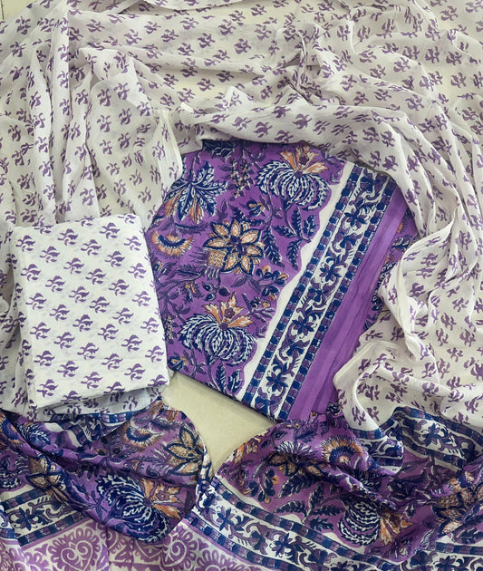 Traditional Hand printed cotton suit with cotton Dupatta