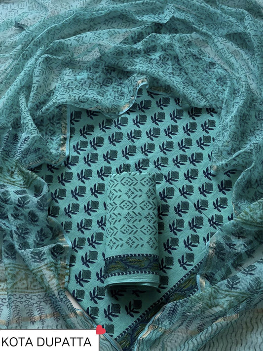 Designer Handblock printed cotton suit with kota doriya dupatta