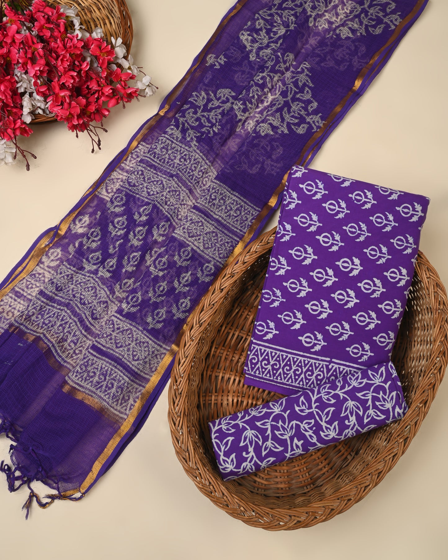 Designer Hand block printed cotton suit with kota doriya dupatta