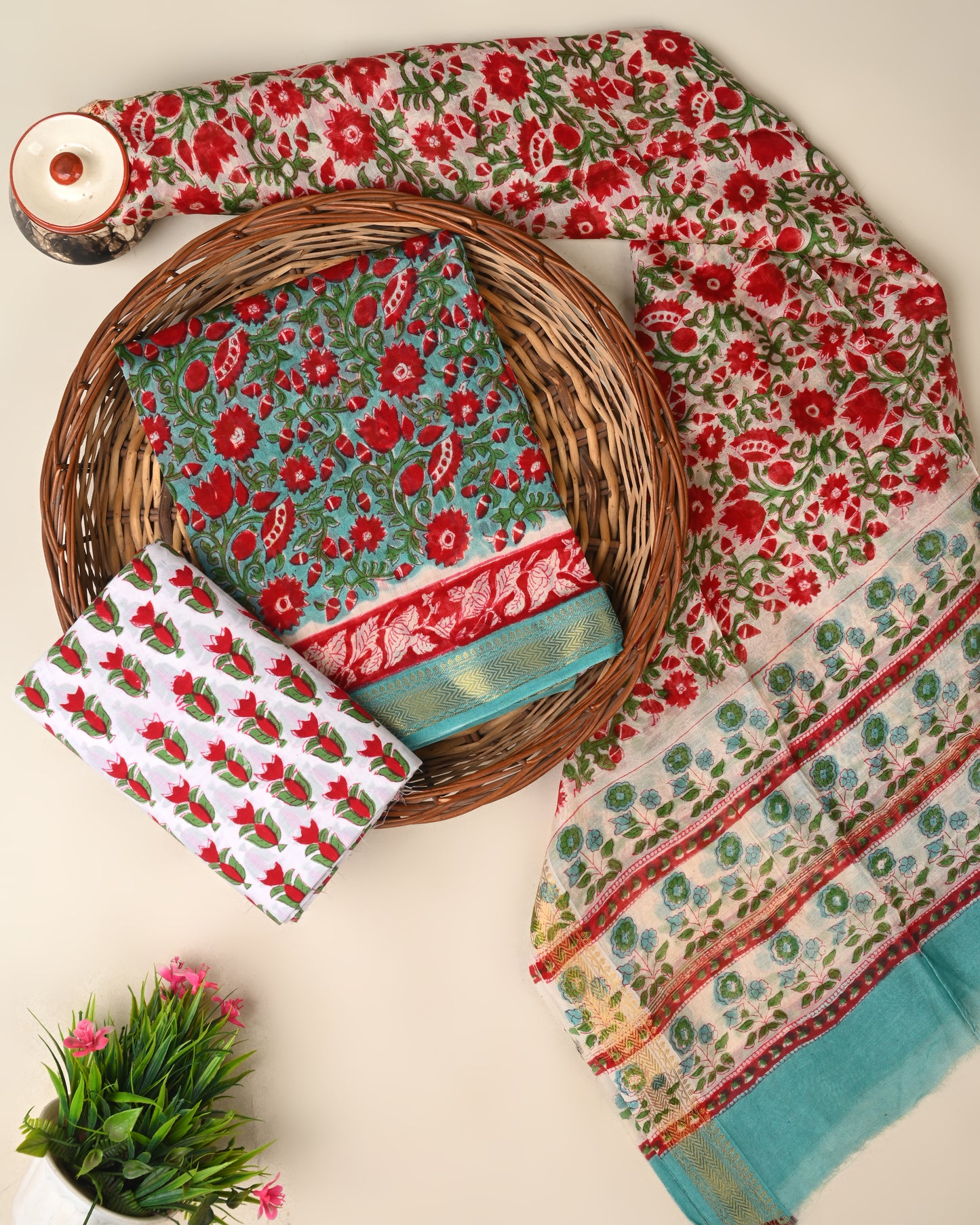 Sanganeri printed  Maheswari silk suit