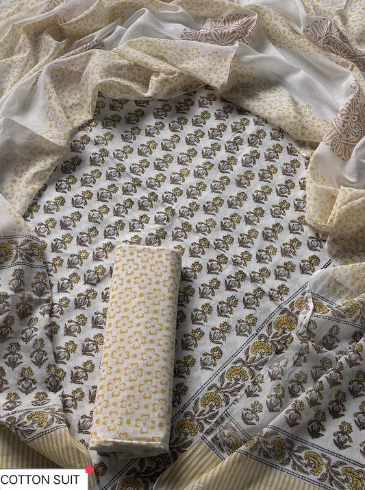 Traditional Hand printed cotton suit with cotton Dupatta