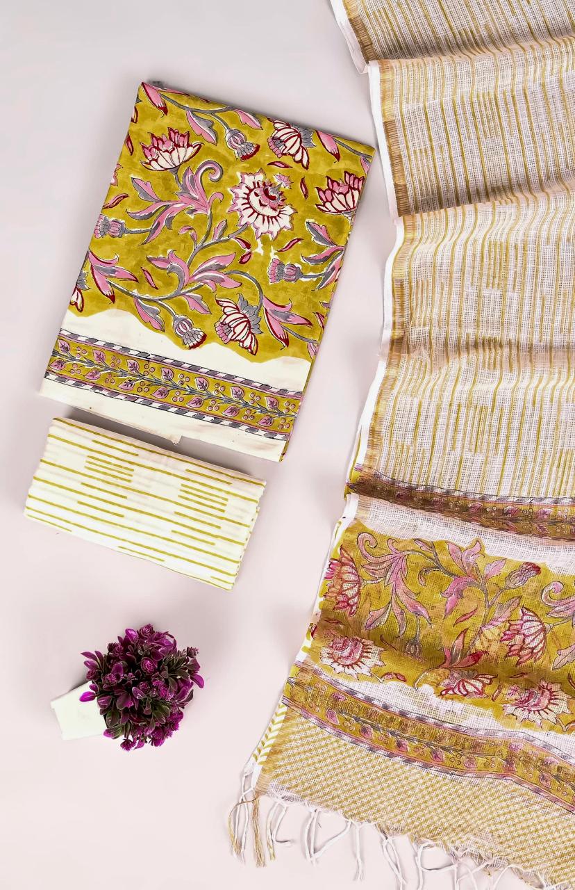Designer Handblock printed cotton suit with kota doriya dupatta