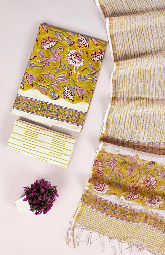Designer Handblock printed cotton suit with kota doriya dupatta