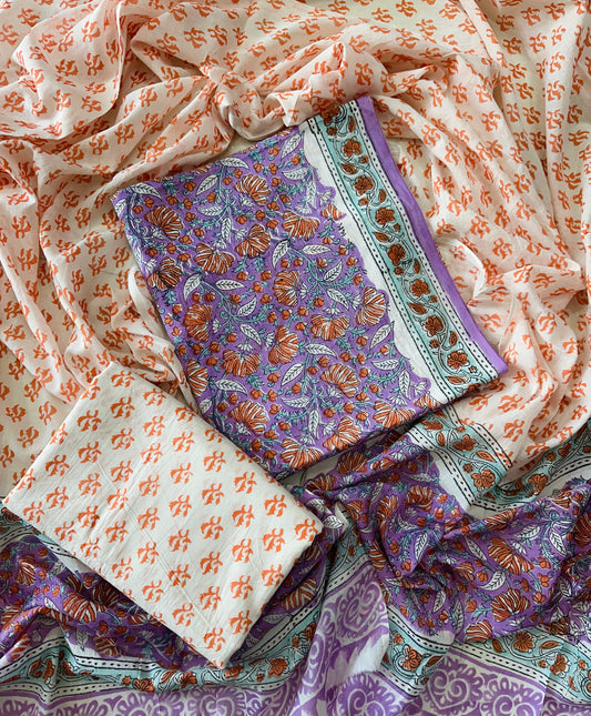 Traditional Hand Printed Cotton Suit With Cotton Dupatta