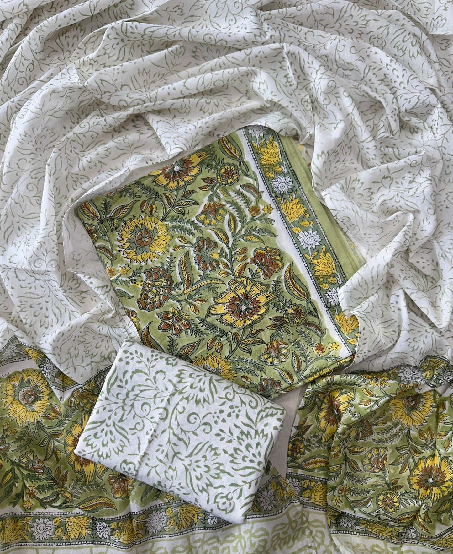 Traditional Hand printed cotton suit with cotton Dupatta