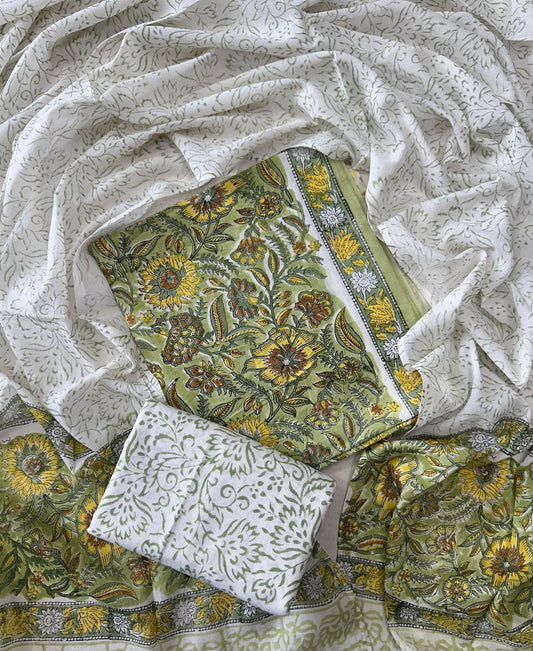 Traditional Hand printed cotton suit with cotton Dupatta